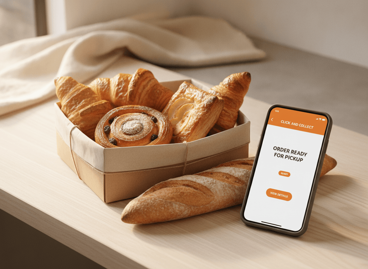 Eine Bäckerei-Click-and-Collect-Bestellseite auf einem Telefon und Laptop.