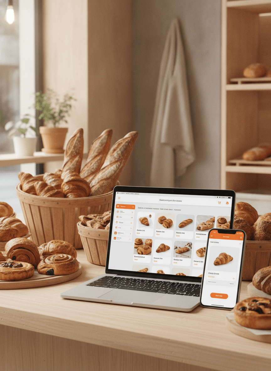 Eine Bäckerei-Bestellseite auf einem Laptop und Telefon dargestellt.