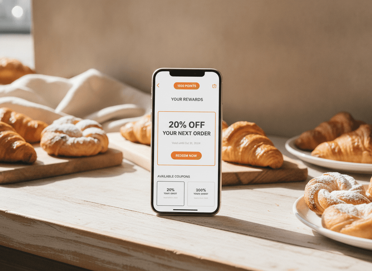 Ein Bäckerei-Treue- und Gutscheinbildschirm auf einem Telefon.