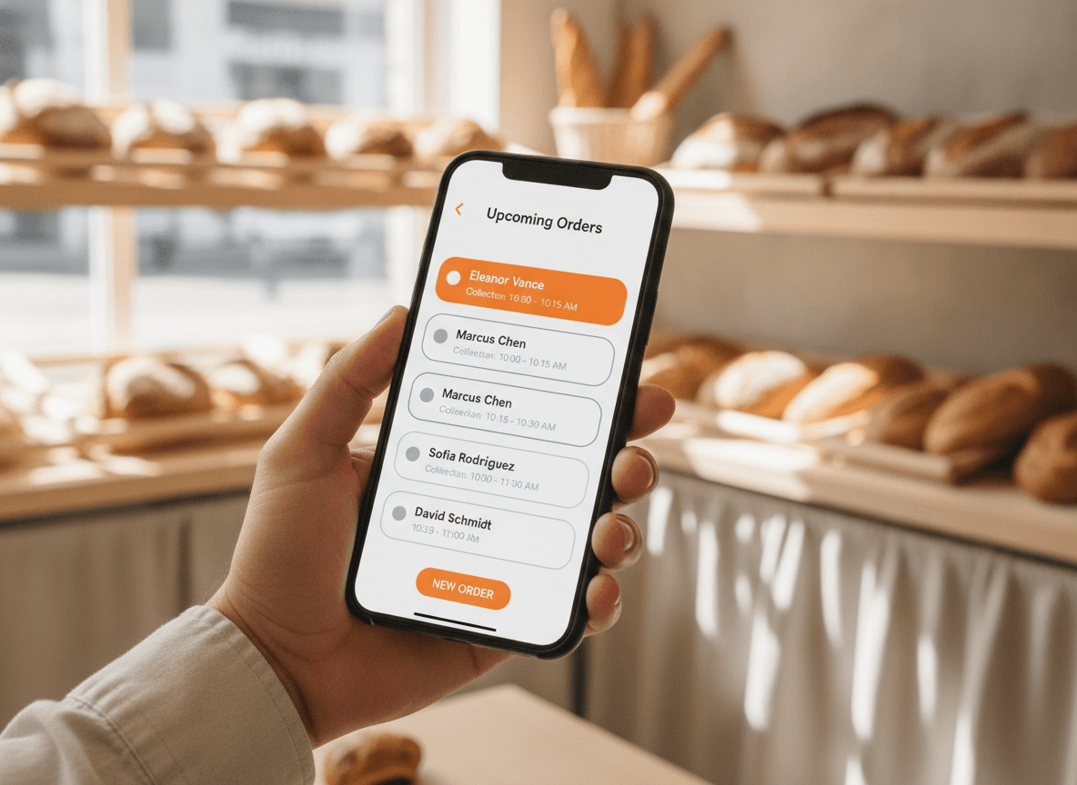 Ein Telefon zeigt anstehende Bäckerei-Abholbestellungen mit Namen und Zeiten.