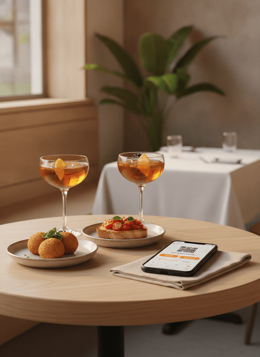A bar table with drinks and a QR ordering screen on a phone.