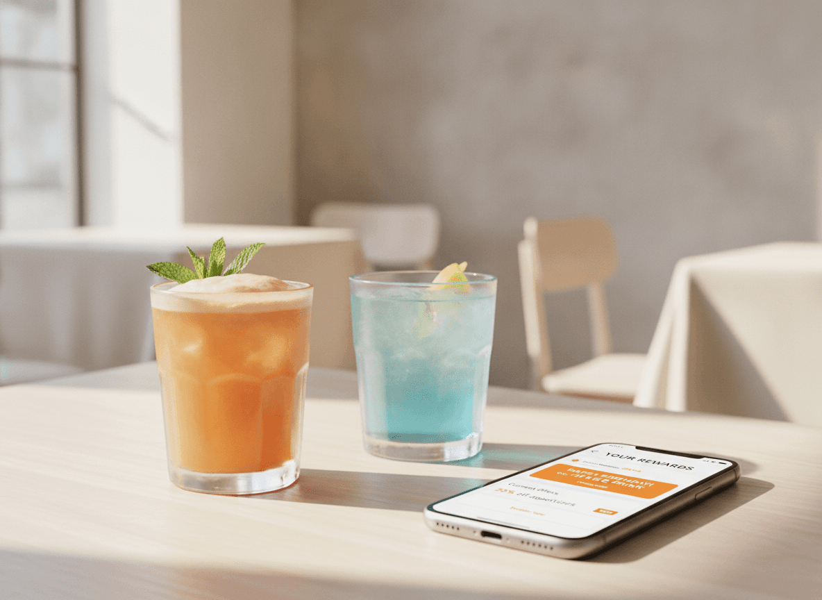A bar loyalty and offers screen displayed on a phone next to cocktails.