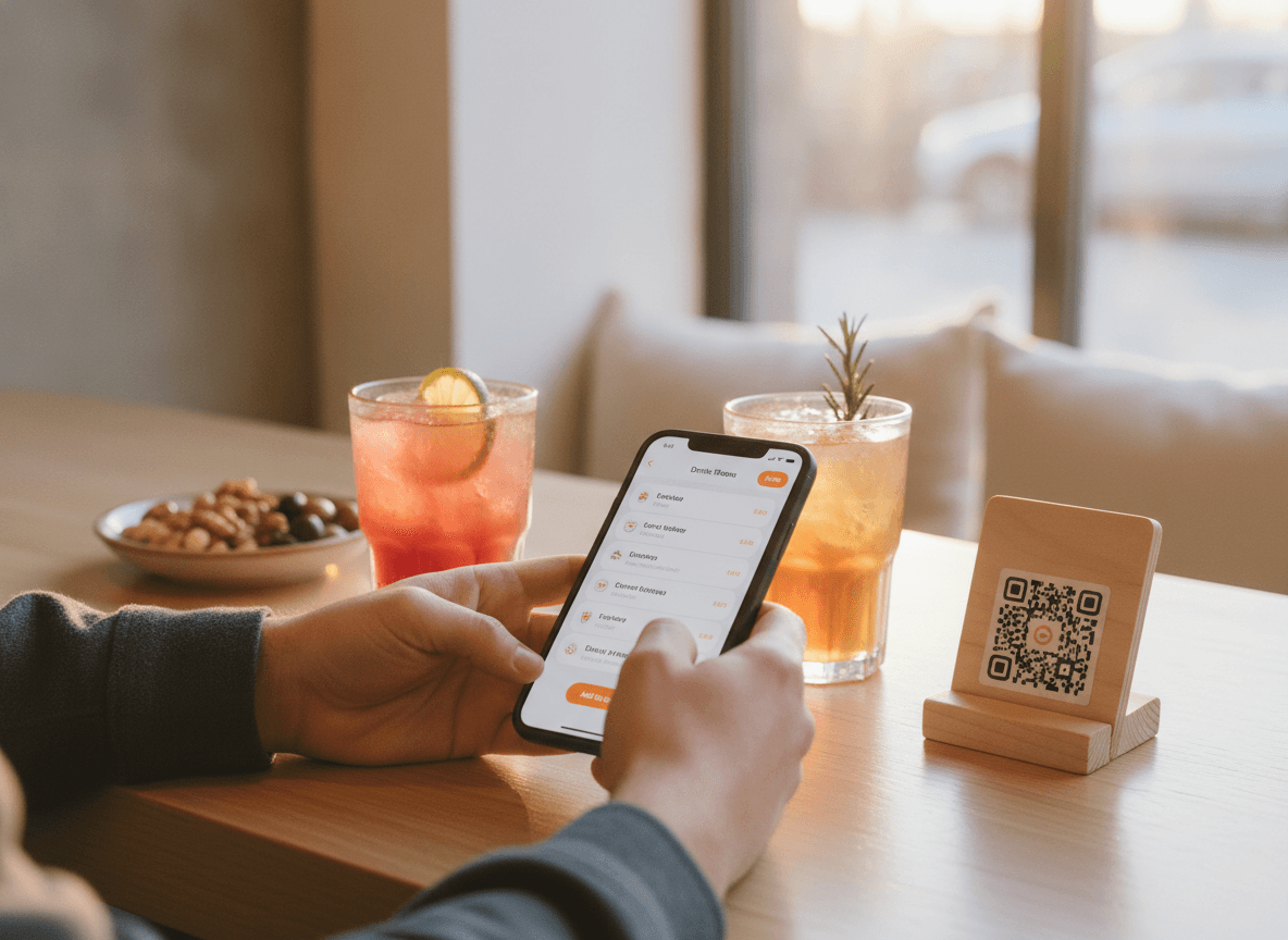 A bar customer ordering drinks from a QR menu at the table.