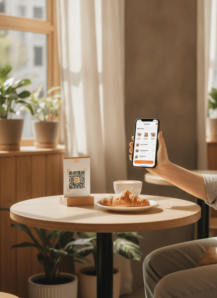 A café customer scanning a QR code to order coffee from their table.