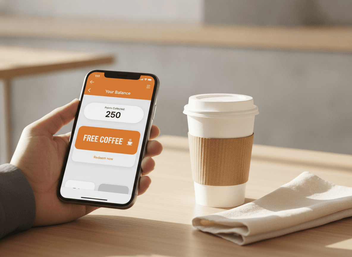 A café loyalty screen showing points and a free-coffee reward.