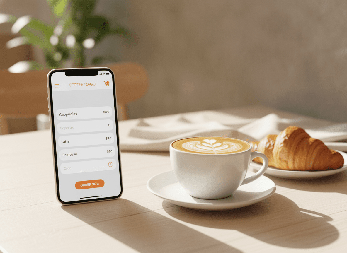 A branded café ordering screen open on a customer's phone at the table.