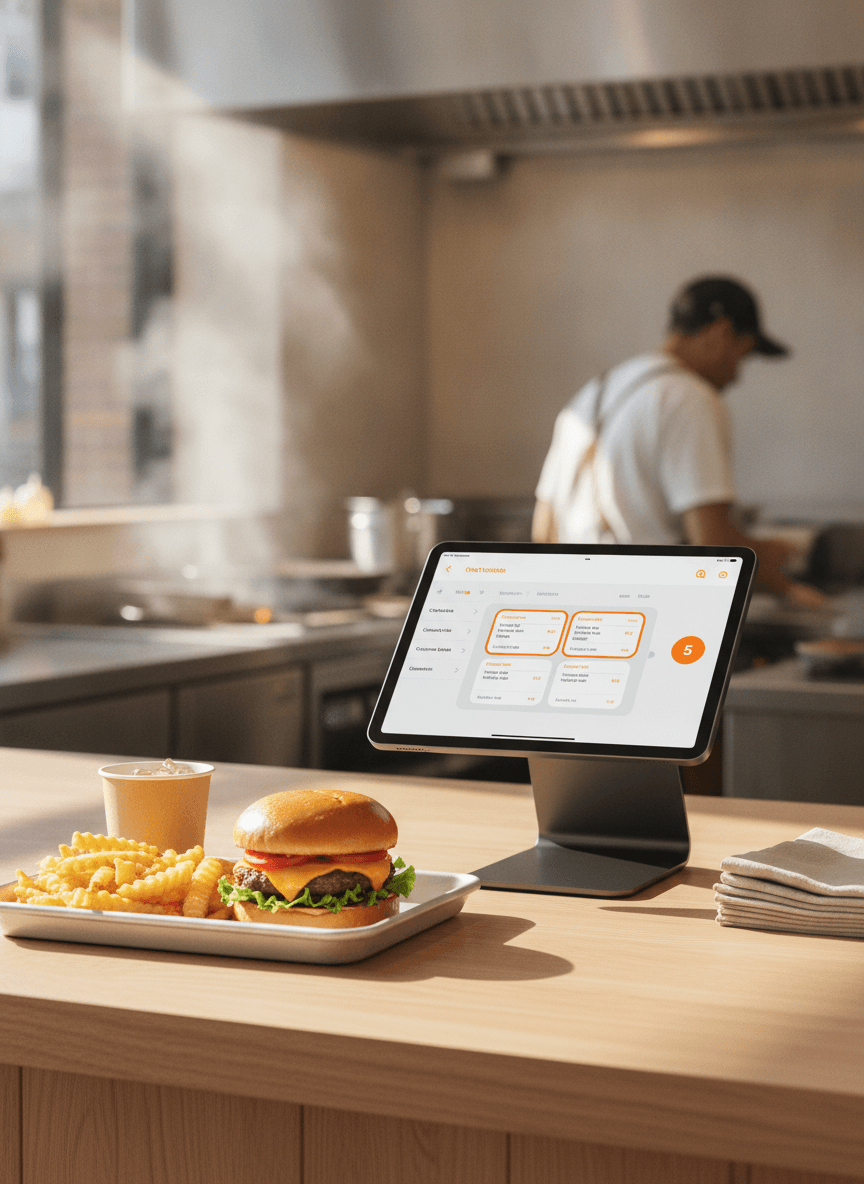 Ein Fast-Food-Tresen mit einer Tablet-Kasse, die während des Service Bestellungen aufnimmt.