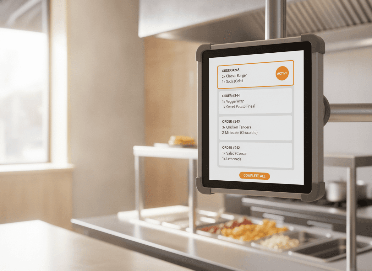 Ein Küchenbildschirm zeigt Fast-Food-Bons, die in Reihenfolge eingehen.