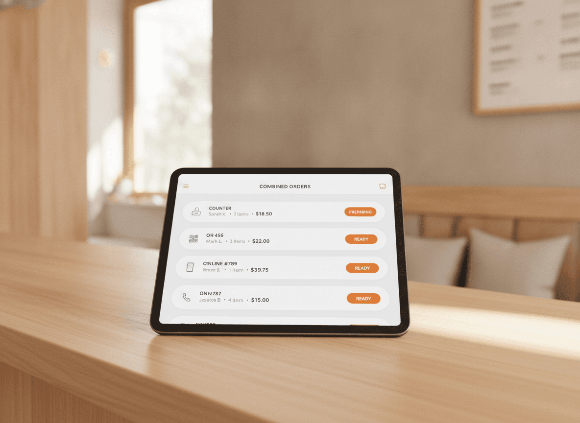 Ein Fast-Food-Bestellpanel vereint Tresen-, QR- und Online-Bestellungen.