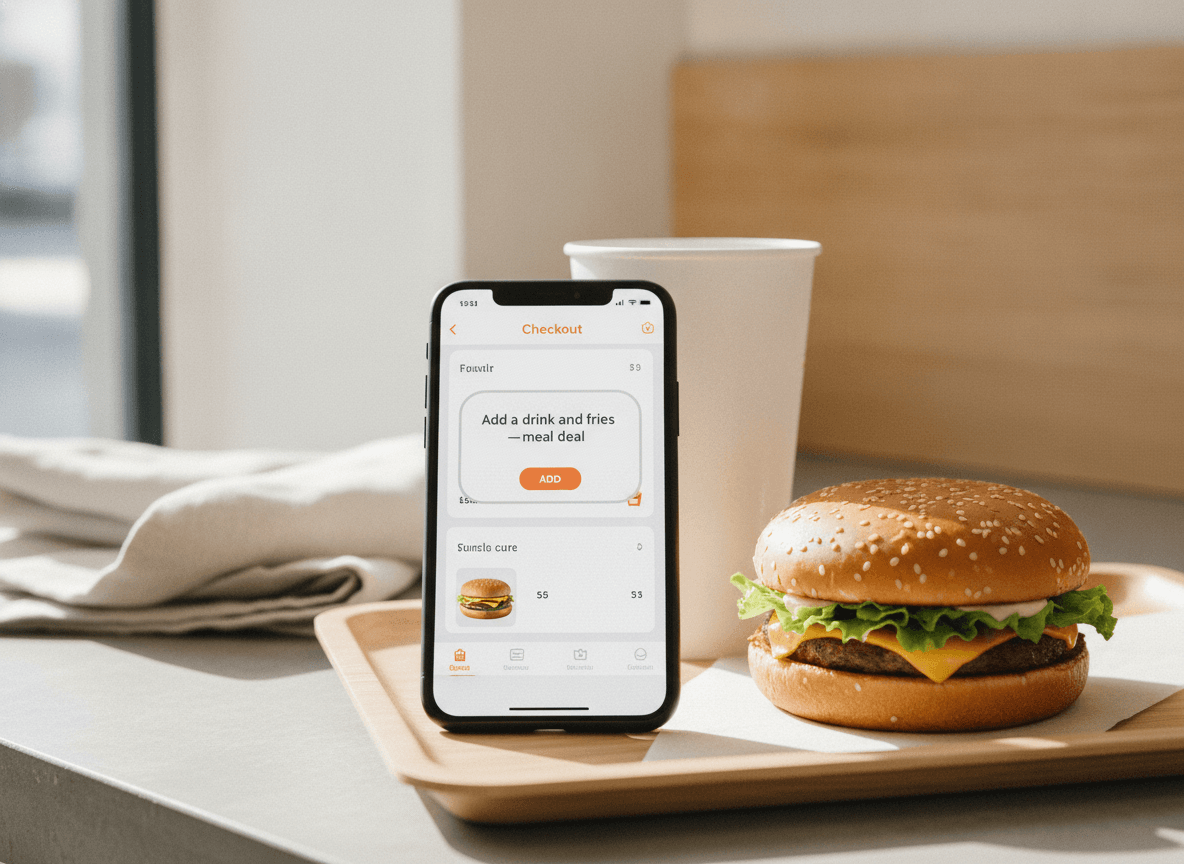 Ein Bezahlbildschirm schlägt ein Getränk und eine Beilage als Upsell zu einer Fast-Food-Bestellung vor.