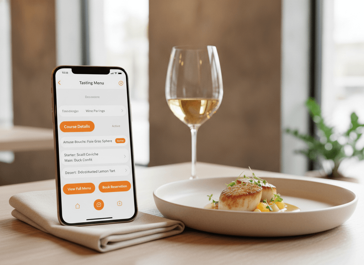 Un menú digital refinado para degustación y maridajes en un móvil.