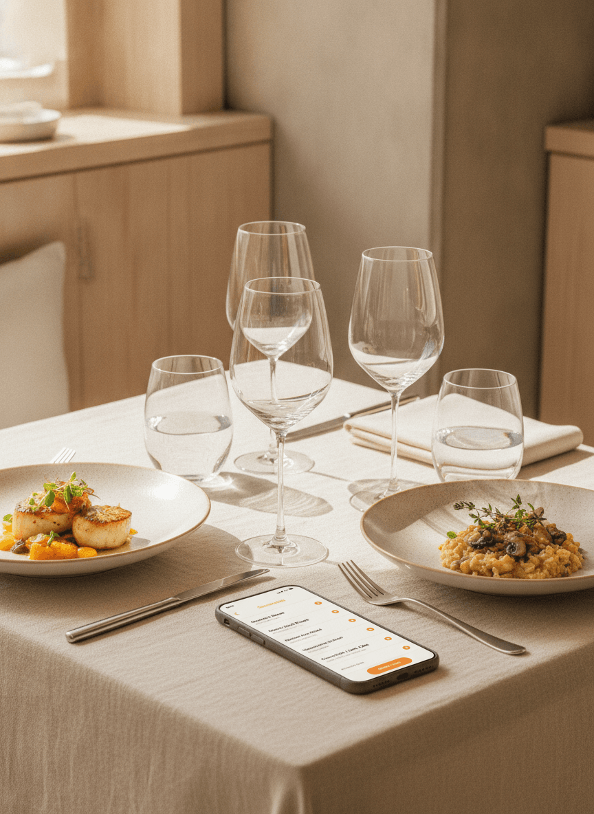 Una mesa de alta cocina elegante con un menú digital refinado en un móvil.
