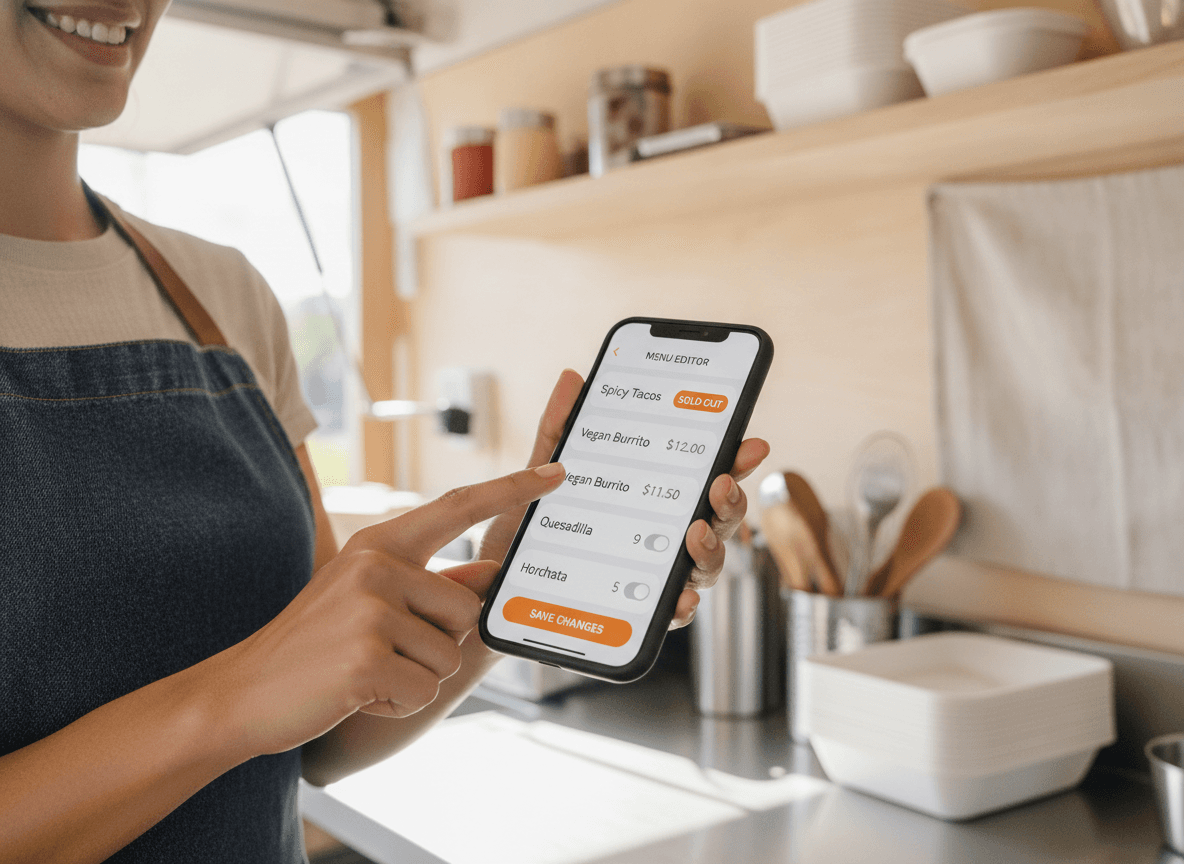 Un proprietario di food truck modifica il menu e segna un articolo come esaurito dal telefono.