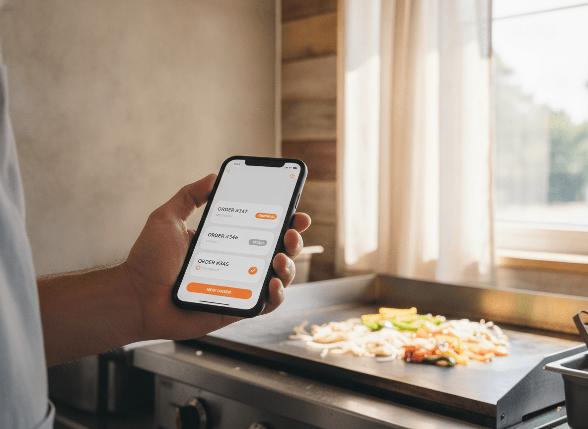 Un telefono che mostra la lista in tempo reale degli ordini in arrivo di un food truck.