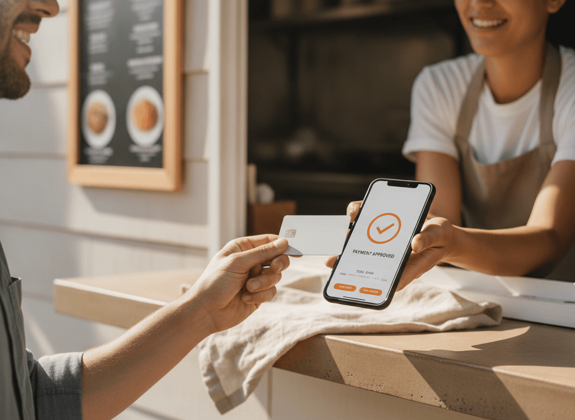 Un telefono usato come terminale contactless per un ordine di food truck.