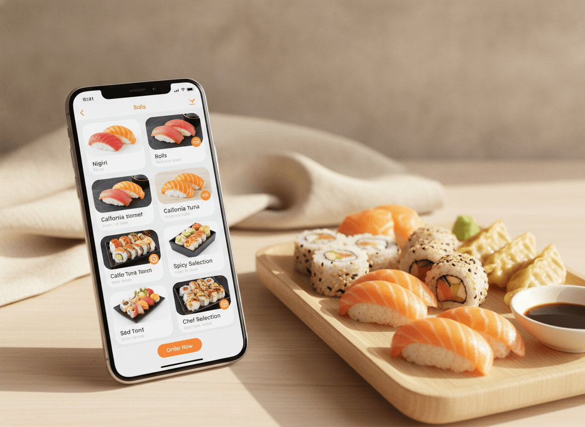 Un menu digitale sushi con sezioni chiare e foto.