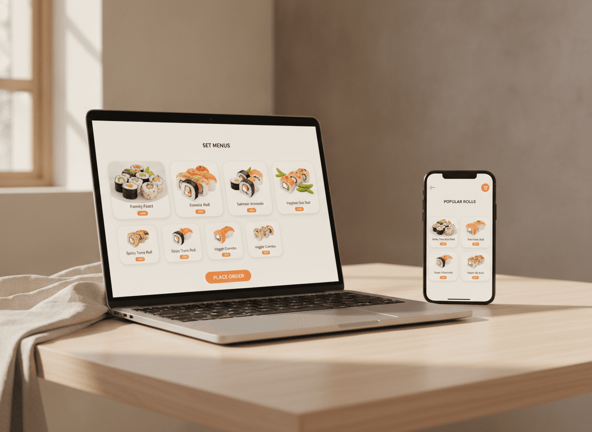 Una pagina ordini sushi brandizzata su laptop e smartphone.