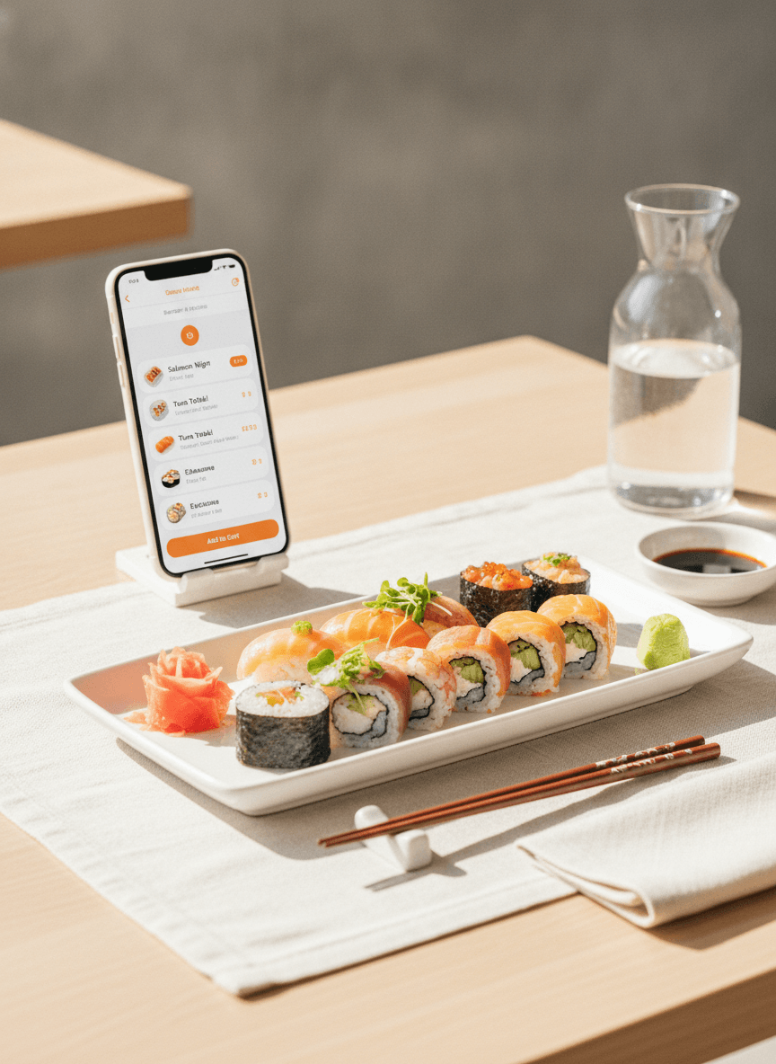 Un menu sushi su smartphone accanto a un set sushi ben impiattato.