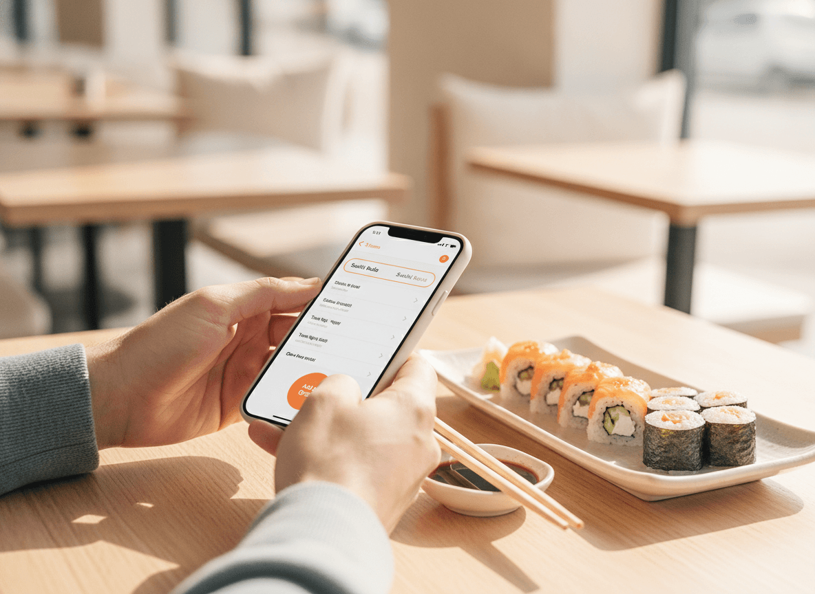 Un cliente sushi usa ordini QR al tavolo accanto a un set sushi.